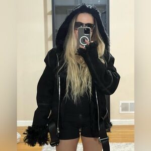 EMPORIO ARMANI  F/W 2018 FUR HOODED BIKER LAMB SHEARLING JACKET